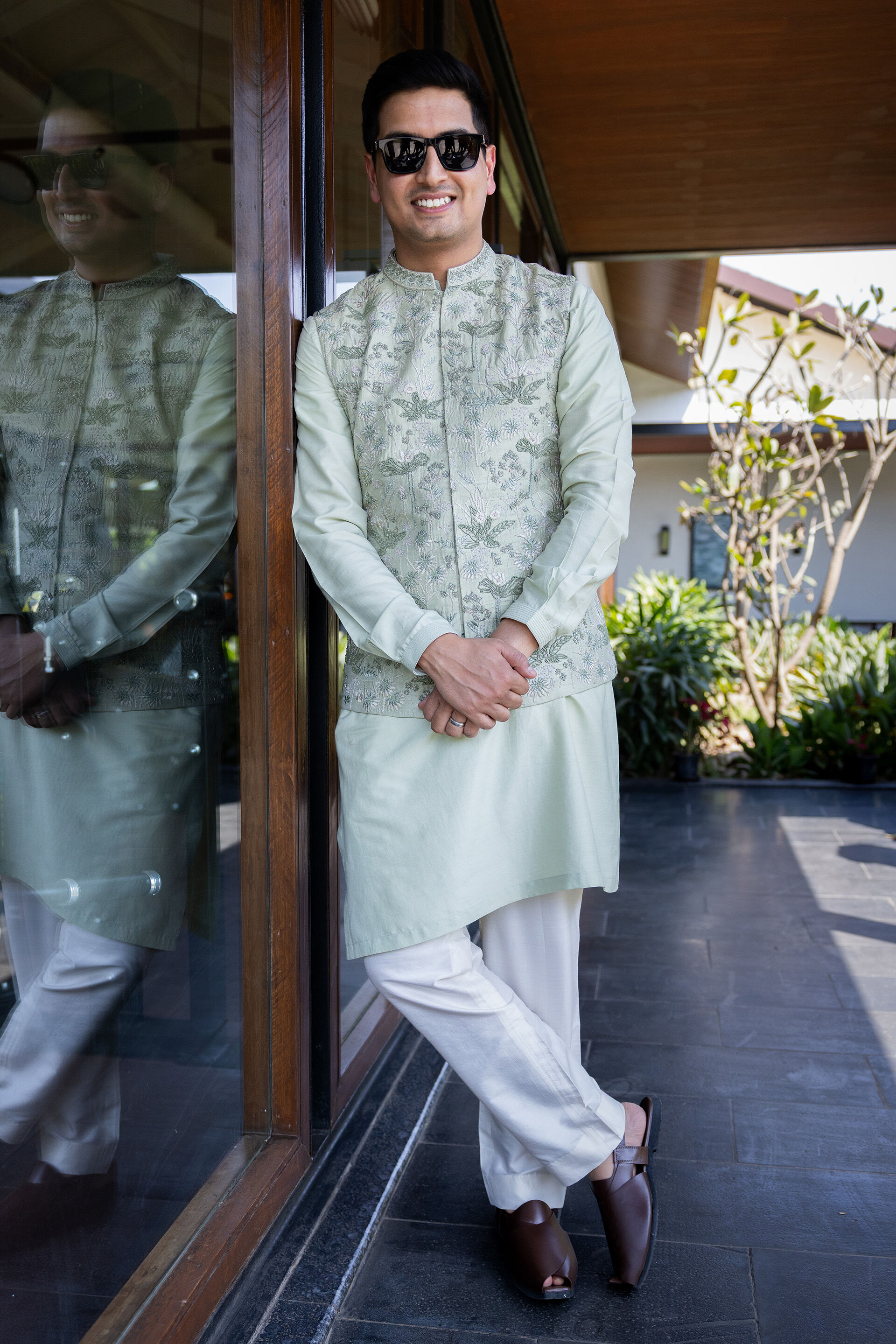 The Greens Embroidered Nehru Jacket Set - Sage Green